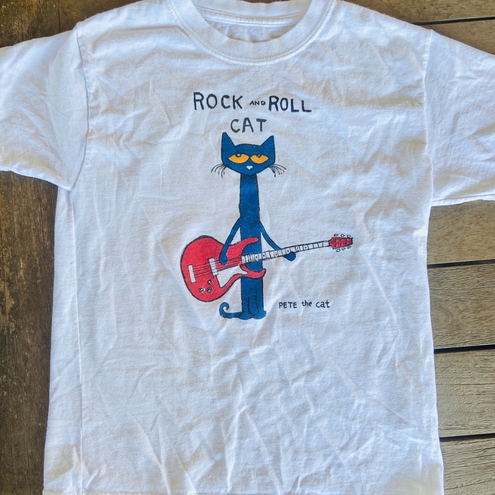 Pete the Cat Hanes Sz YS white T-Shirt Rock & Roll